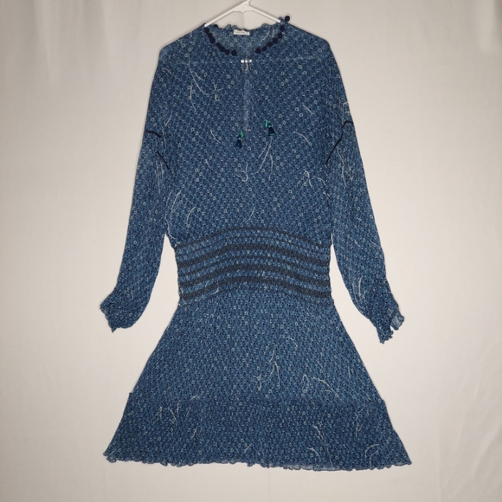 Poupette‎ St Barth Silk Dress XL Blue Gauze Long Sleeve Smocked Tassel Tie Crew